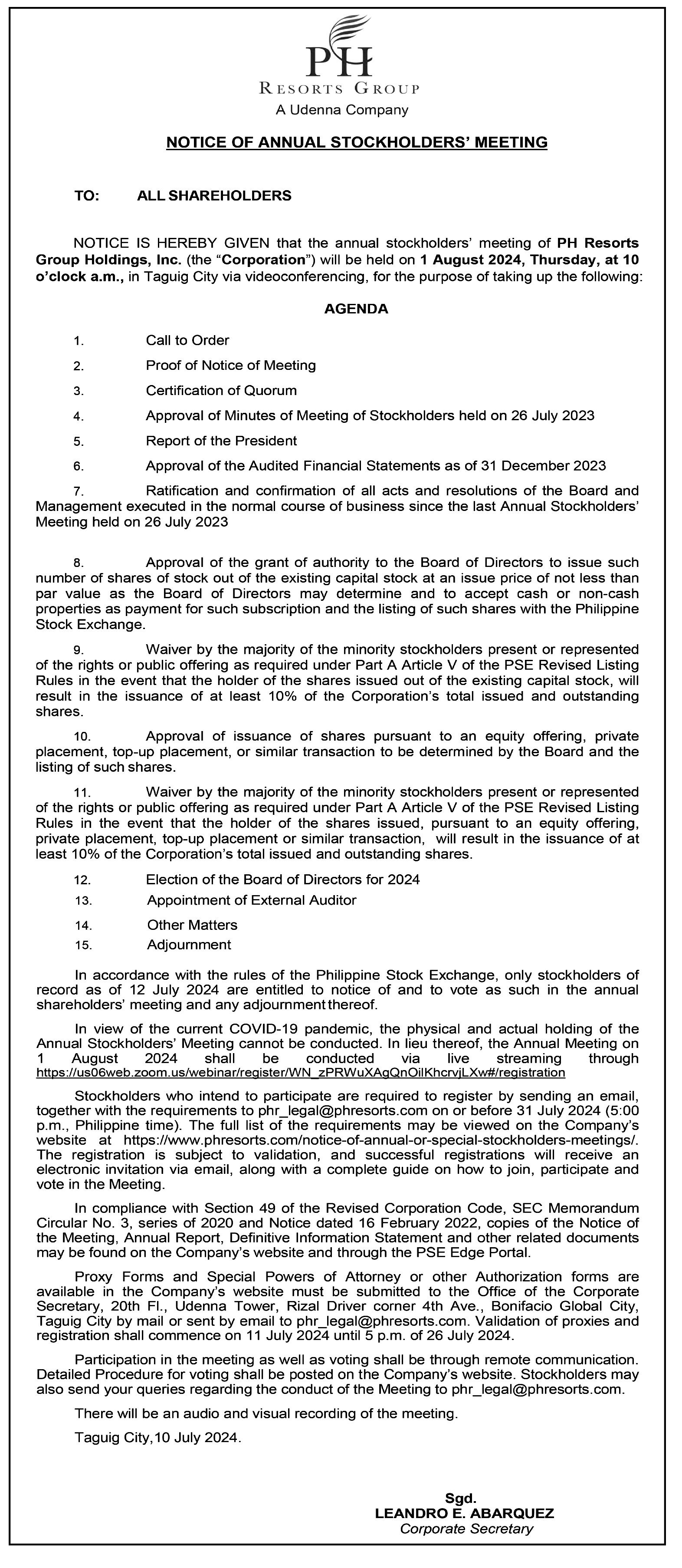 Notice of Annual Stockholders' Meeting - PH Resorts Group Holdings, Inc.